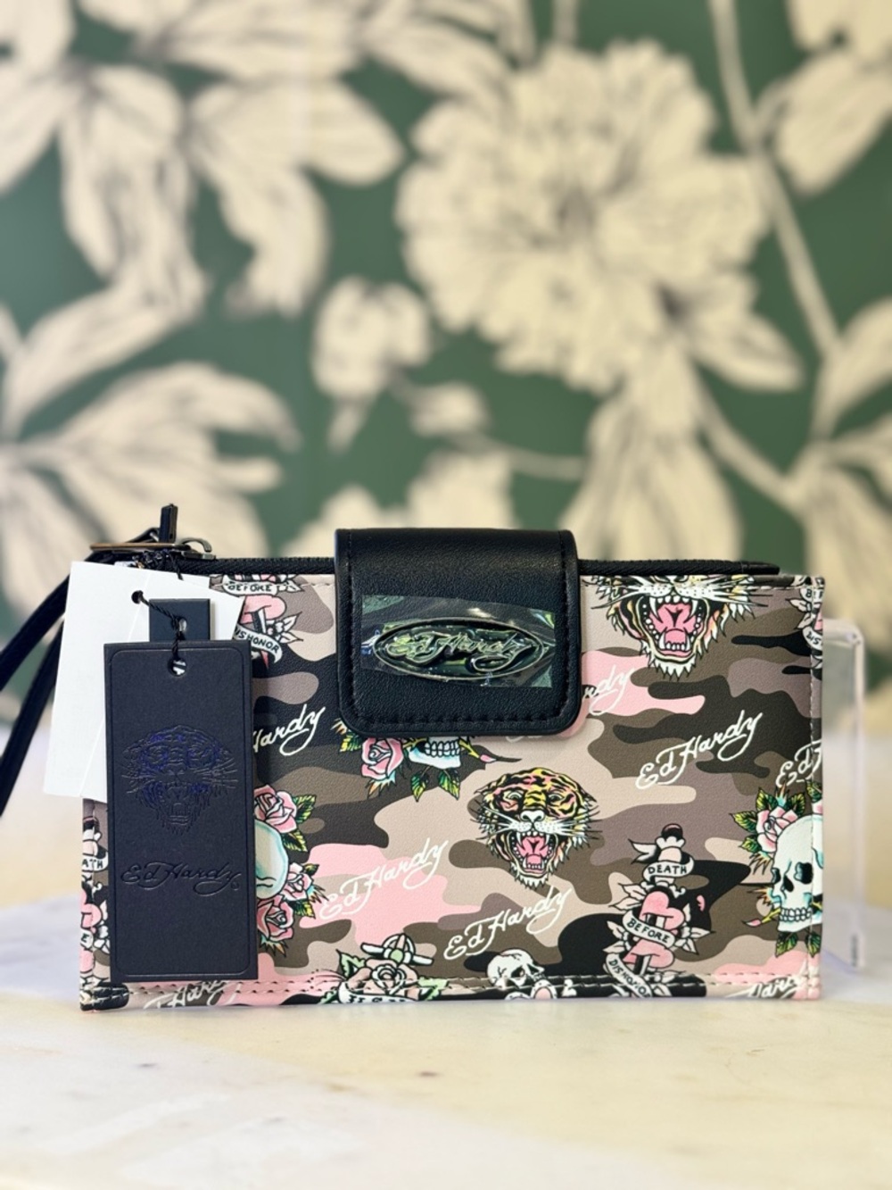 Ed Hardy Pink Camo Tiger Print Wristlet Clutch NWT